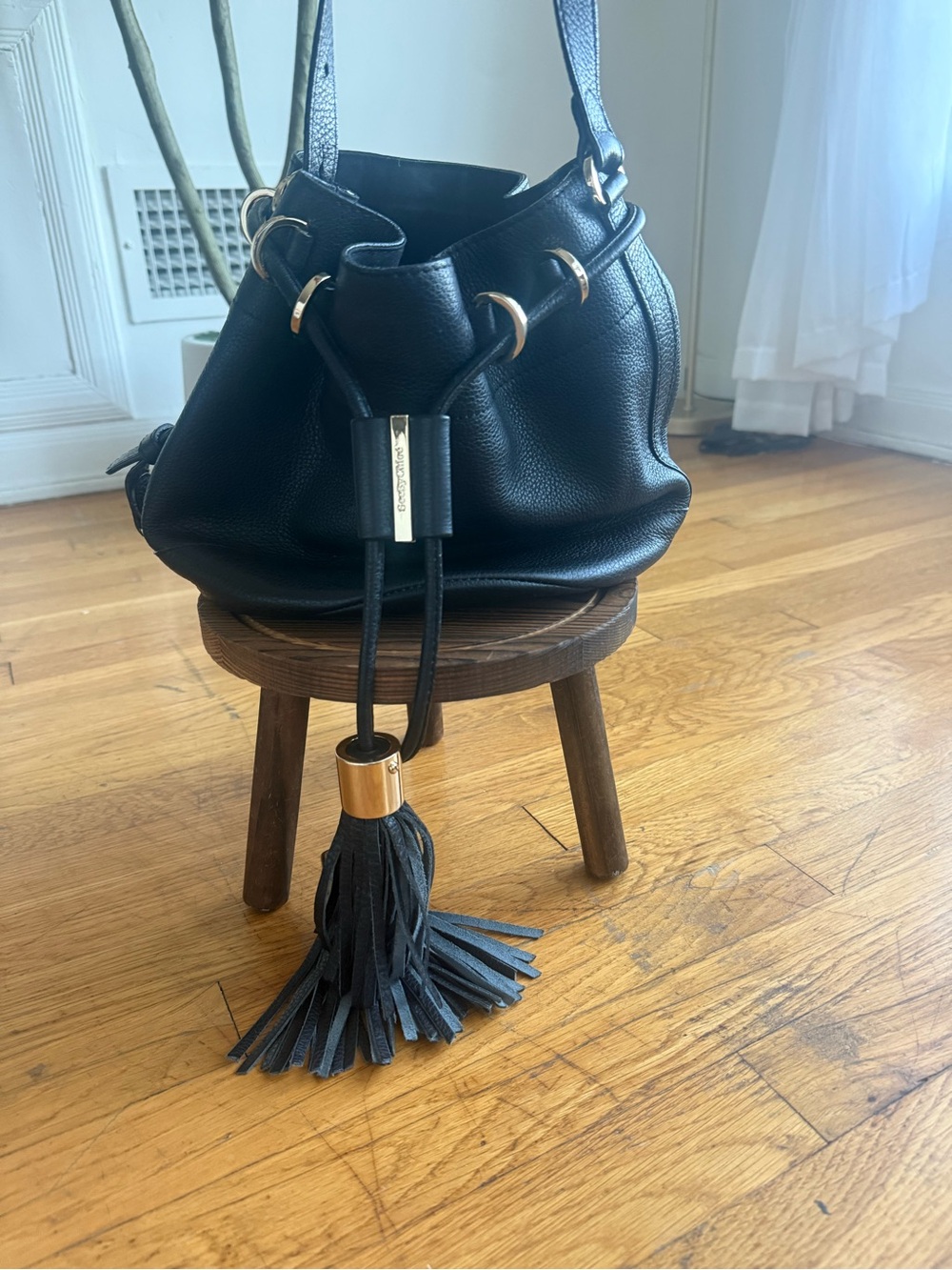 Like New See By Chloe Black Leather Tassel Drawstring Shoulder Bag